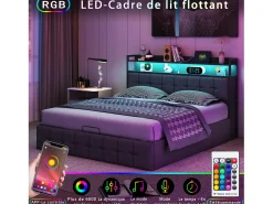 Cama estofada com armazenamento 140x200 cm em tecido de linho - com LED e porta de carregamento - cinza