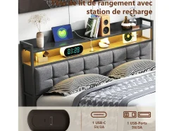 Cama estofada com armazenamento 140x200 cm em tecido de linho - com LED e porta de carregamento - cinza