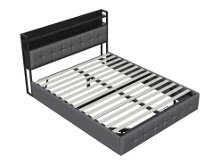 Cama estofada com armazenamento 140x200 cm em tecido de linho - com LED e porta de carregamento - cinza
