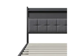 Cama estofada com armazenamento 140x200 cm em tecido de linho - com LED e porta de carregamento - cinza