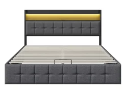 Cama estofada com armazenamento 140x200 cm em tecido de linho - com LED e porta de carregamento - cinza