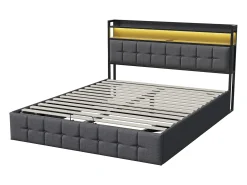 Cama estofada com armazenamento 140x200 cm em tecido de linho - com LED e porta de carregamento - cinza