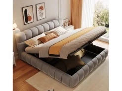Cama estofada com armazenamento 140×200 cm - Cama de casal - Veludo - Cinza (colchão não incluído)