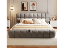 Cama estofada com armazenamento 140×200 cm - Cama de casal - Veludo - Cinza (colchão não incluído)