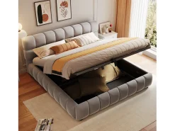 Cama estofada com armazenamento 140×200 cm - Cama de casal - Veludo - Cinza (colchão não incluído)