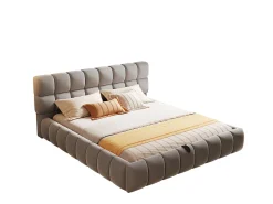 Cama estofada com armazenamento 140×200 cm - Cama de casal - Veludo - Cinza (colchão não incluído)