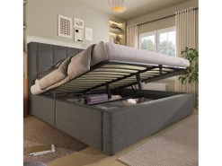 Cama estofada com armazenamento 160x200cm - com porta-copos oculto - com portas USB e Tipo-C - com somier de ripas - Linho - Cinza (sem colchão)