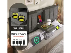 Cama estofada com armazenamento 160x200cm - com porta-copos oculto - com portas USB e Tipo-C - com somier de ripas - Linho - Cinza (sem colchão)