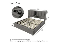 Cama estofada com armazenamento 160x200cm - com porta-copos oculto - com portas USB e Tipo-C - com somier de ripas - Linho - Cinza (sem colchão)