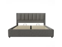 Cama estofada com armazenamento 160x200cm - com porta-copos oculto - com portas USB e Tipo-C - com somier de ripas - Linho - Cinza (sem colchão)