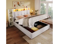 Cama estofada com arrumação - 90 x 200 cm - com porta USB, luzes LED, cabeceira e prateleira de arrumação - linho - bege