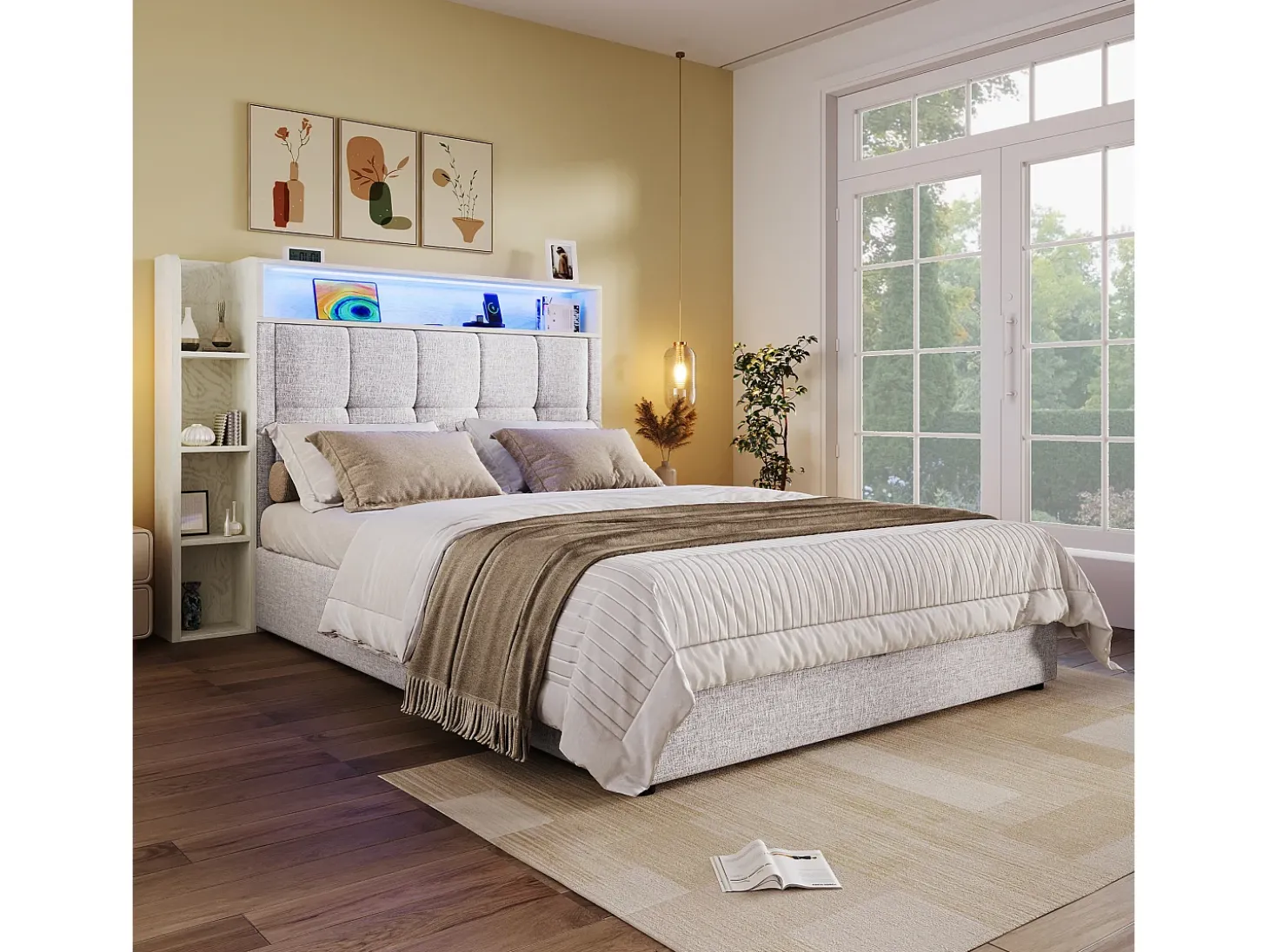 Cama estofada com arrumação - 90 x 200 cm - com porta USB, luzes LED, cabeceira e prateleira de arrumação - linho - bege