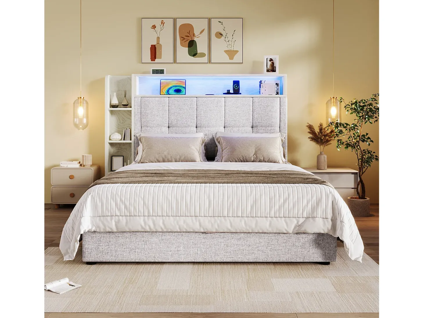 Cama estofada com arrumação - 90 x 200 cm - com porta USB, luzes LED, cabeceira e prateleira de arrumação - linho - bege