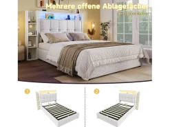 Cama estofada com arrumação - 90 x 200 cm - com porta USB, luzes LED, cabeceira e prateleira de arrumação - linho - bege