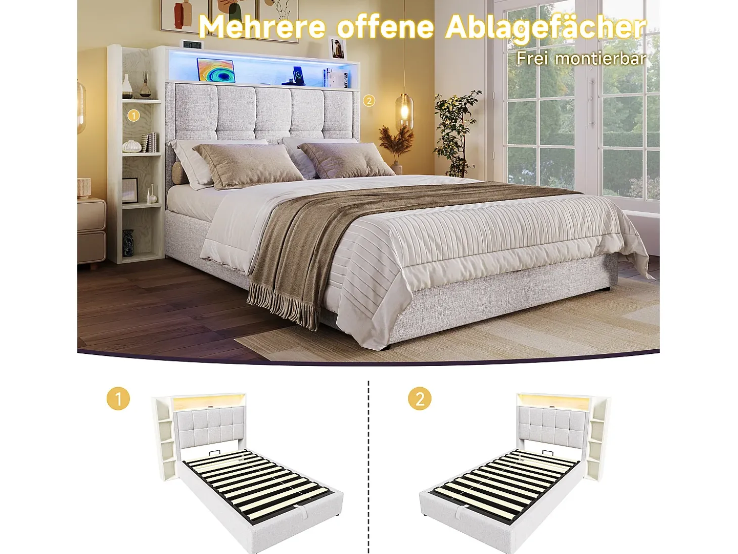 Cama estofada com arrumação - 90 x 200 cm - com porta USB, luzes LED, cabeceira e prateleira de arrumação - linho - bege