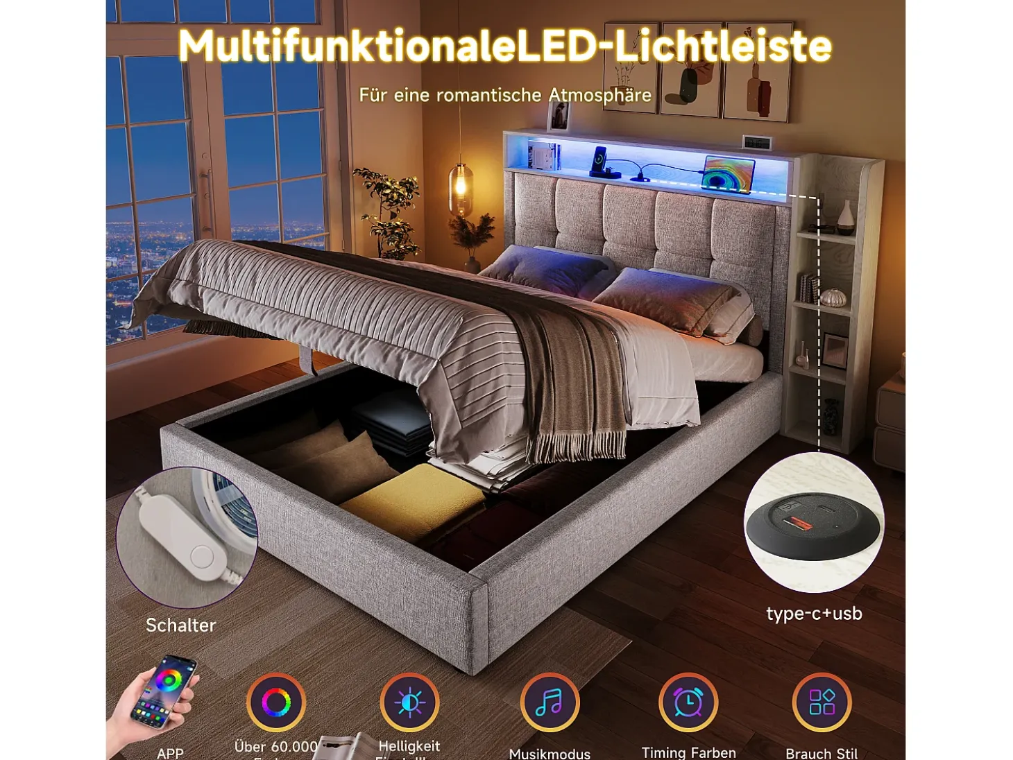 Cama estofada com arrumação - 90 x 200 cm - com porta USB, luzes LED, cabeceira e prateleira de arrumação - linho - bege