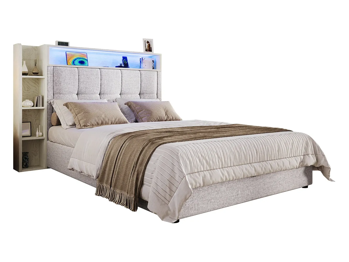 Cama estofada com arrumação - 90 x 200 cm - com porta USB, luzes LED, cabeceira e prateleira de arrumação - linho - bege