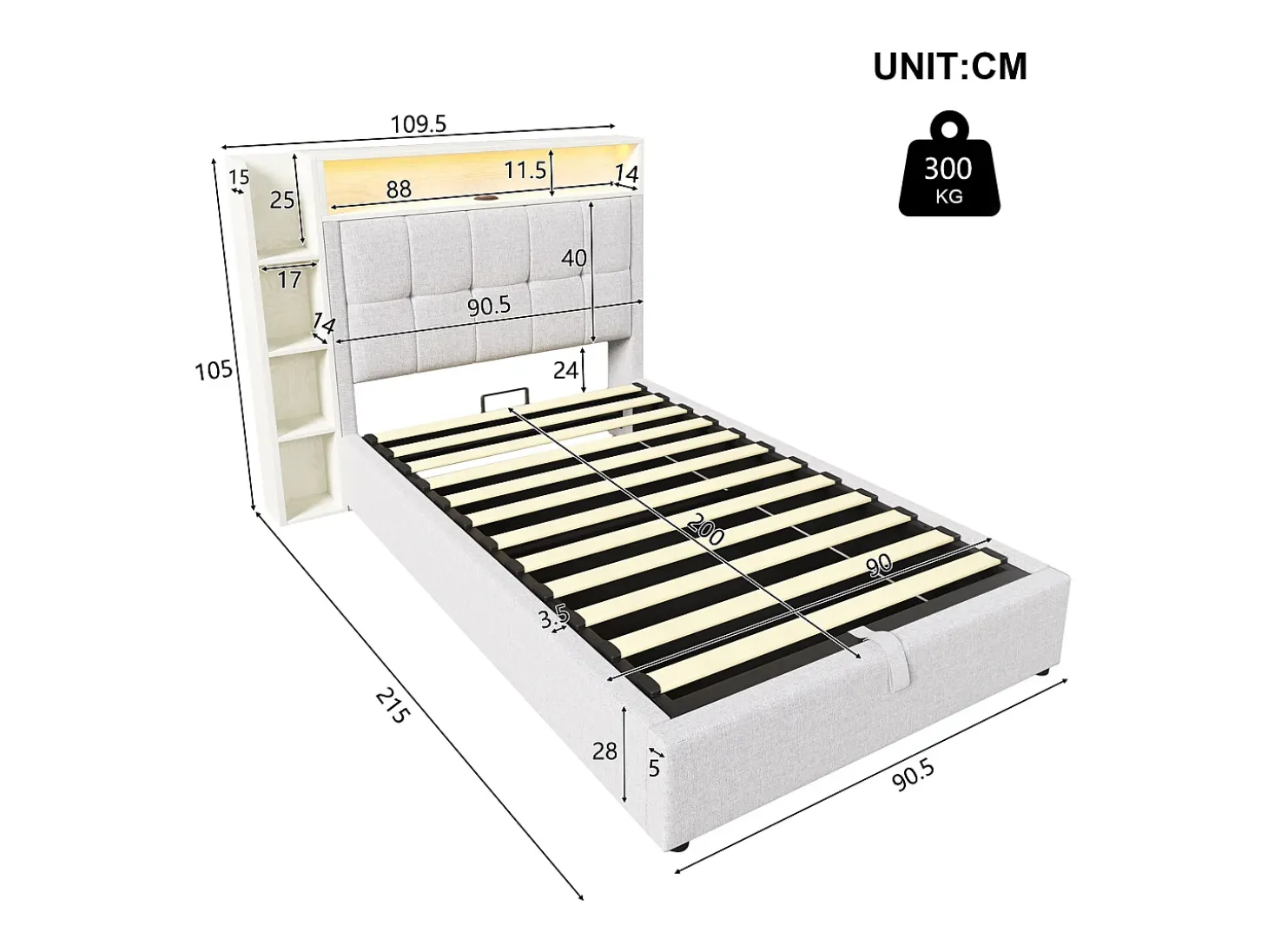 Cama estofada com arrumação - 90 x 200 cm - com porta USB, luzes LED, cabeceira e prateleira de arrumação - linho - bege