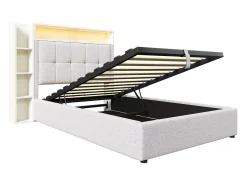 Cama estofada com arrumação - 90 x 200 cm - com porta USB, luzes LED, cabeceira e prateleira de arrumação - linho - bege