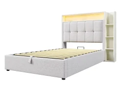 Cama estofada com arrumação - 90 x 200 cm - com porta USB, luzes LED, cabeceira e prateleira de arrumação - linho - bege