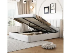 Cama estofada com arrumação - 140 x 190 cm - com porta USB + LEDs + cabeceira ajustável - Tecido PU - branco