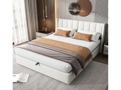 Cama estofada com arrumação - 140 x 190 cm - com porta USB + LEDs + cabeceira ajustável - Tecido PU - branco