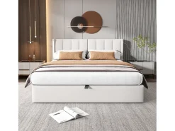 Cama estofada com arrumação - 140 x 190 cm - com porta USB + LEDs + cabeceira ajustável - Tecido PU - branco