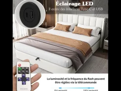 Cama estofada com arrumação - 140 x 190 cm - com porta USB + LEDs + cabeceira ajustável - Tecido PU - branco