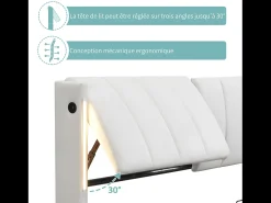 Cama estofada com arrumação - 140 x 190 cm - com porta USB + LEDs + cabeceira ajustável - Tecido PU - branco
