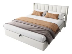 Cama estofada com arrumação - 140 x 190 cm - com porta USB + LEDs + cabeceira ajustável - Tecido PU - branco