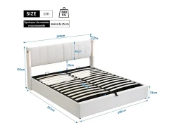 Cama estofada com arrumação - 140 x 190 cm - com porta USB + LEDs + cabeceira ajustável - Tecido PU - branco
