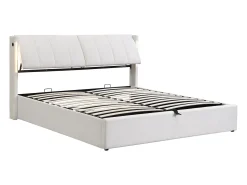 Cama estofada com arrumação - 140 x 190 cm - com porta USB + LEDs + cabeceira ajustável - Tecido PU - branco