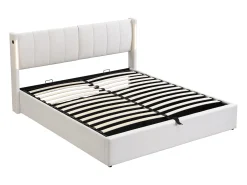 Cama estofada com arrumação - 140 x 190 cm - com porta USB + LEDs + cabeceira ajustável - Tecido PU - branco