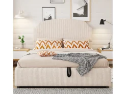 Cama estofada com arrumação - 140 x 200 cm - com arrumação hidráulica + cabeceira - MDF + metal + contraplacado - bege