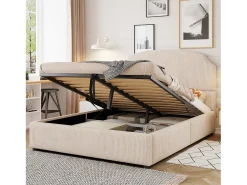 Cama estofada com arrumação - 140 x 200 cm - com arrumação hidráulica + cabeceira - MDF + metal + contraplacado - bege