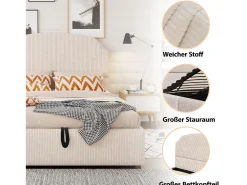 Cama estofada com arrumação - 140 x 200 cm - com arrumação hidráulica + cabeceira - MDF + metal + contraplacado - bege