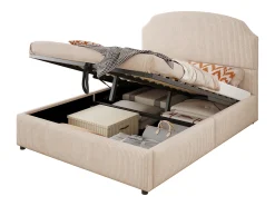 Cama estofada com arrumação - 140 x 200 cm - com arrumação hidráulica + cabeceira - MDF + metal + contraplacado - bege