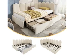 Cama estofada com arrumação para crianças - 90 x 200 cm - com 2 gavetas + estrado de ripas - sofá-cama - veludo - bege