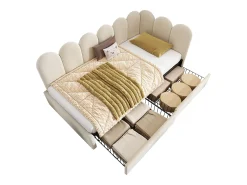 Cama estofada com arrumação para crianças - 90 x 200 cm - com 2 gavetas + estrado de ripas - sofá-cama - veludo - bege