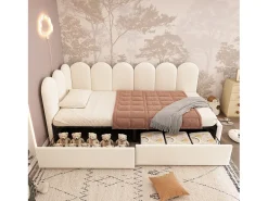 Cama estofada com arrumação para crianças - 90 x 200 cm - com 2 gavetas + estrado de ripas - sofá-cama - veludo - bege
