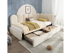 Cama estofada com arrumação para crianças - 90 x 200 cm - com 2 gavetas + estrado de ripas - sofá-cama - veludo - bege