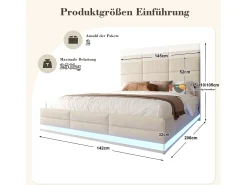 Cama estofada com arrumação - 140 x 200 cm - cabeceira ajustável - com USB + LEDs - arrumação hidráulica - veludo - bege