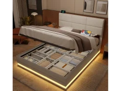 Cama estofada com arrumação - 140 x 200 cm - cabeceira ajustável - com USB + LEDs - arrumação hidráulica - veludo - bege