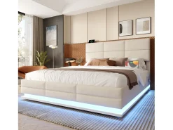 Cama estofada com arrumação - 140 x 200 cm - cabeceira ajustável - com USB + LEDs - arrumação hidráulica - veludo - bege