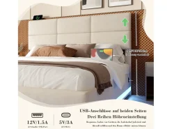 Cama estofada com arrumação - 140 x 200 cm - cabeceira ajustável - com USB + LEDs - arrumação hidráulica - veludo - bege