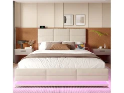 Cama estofada com arrumação - 140 x 200 cm - cabeceira ajustável - com USB + LEDs - arrumação hidráulica - veludo - bege