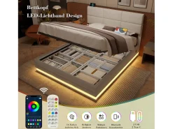 Cama estofada com arrumação - 140 x 200 cm - cabeceira ajustável - com USB + LEDs - arrumação hidráulica - veludo - bege