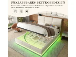 Cama estofada com arrumação - 140 x 200 cm - cabeceira ajustável - com USB + LEDs - arrumação hidráulica - veludo - bege
