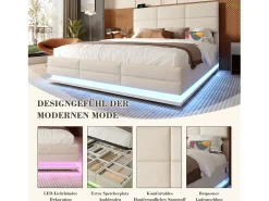 Cama estofada com arrumação - 140 x 200 cm - cabeceira ajustável - com USB + LEDs - arrumação hidráulica - veludo - bege