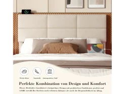 Cama estofada com arrumação - 140 x 200 cm - cabeceira ajustável - com USB + LEDs - arrumação hidráulica - veludo - bege